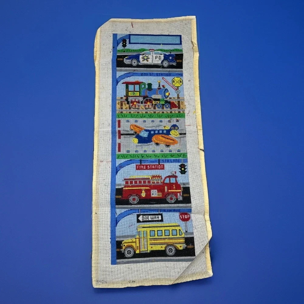 Handpainted Needlepoint Canvas Fire‎ Truck Police Car School Bus Train Airplane